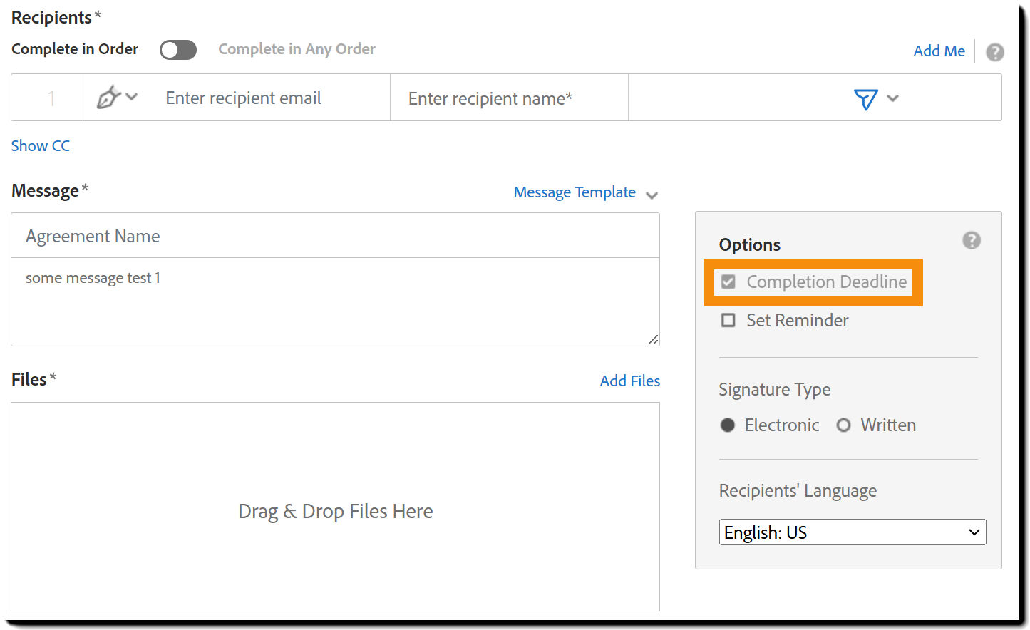 A view of the Request Signature page highlighting the "Completion deadline" control in a locked state. locked down