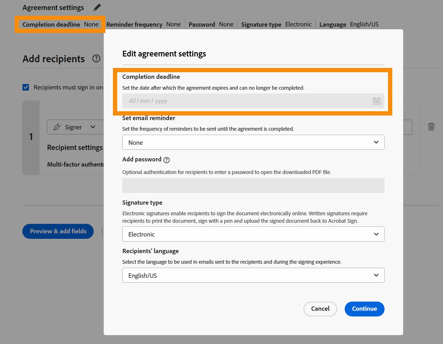 A view of the Request Signature page highlighting the "Completion deadline" control greyed out and locked.