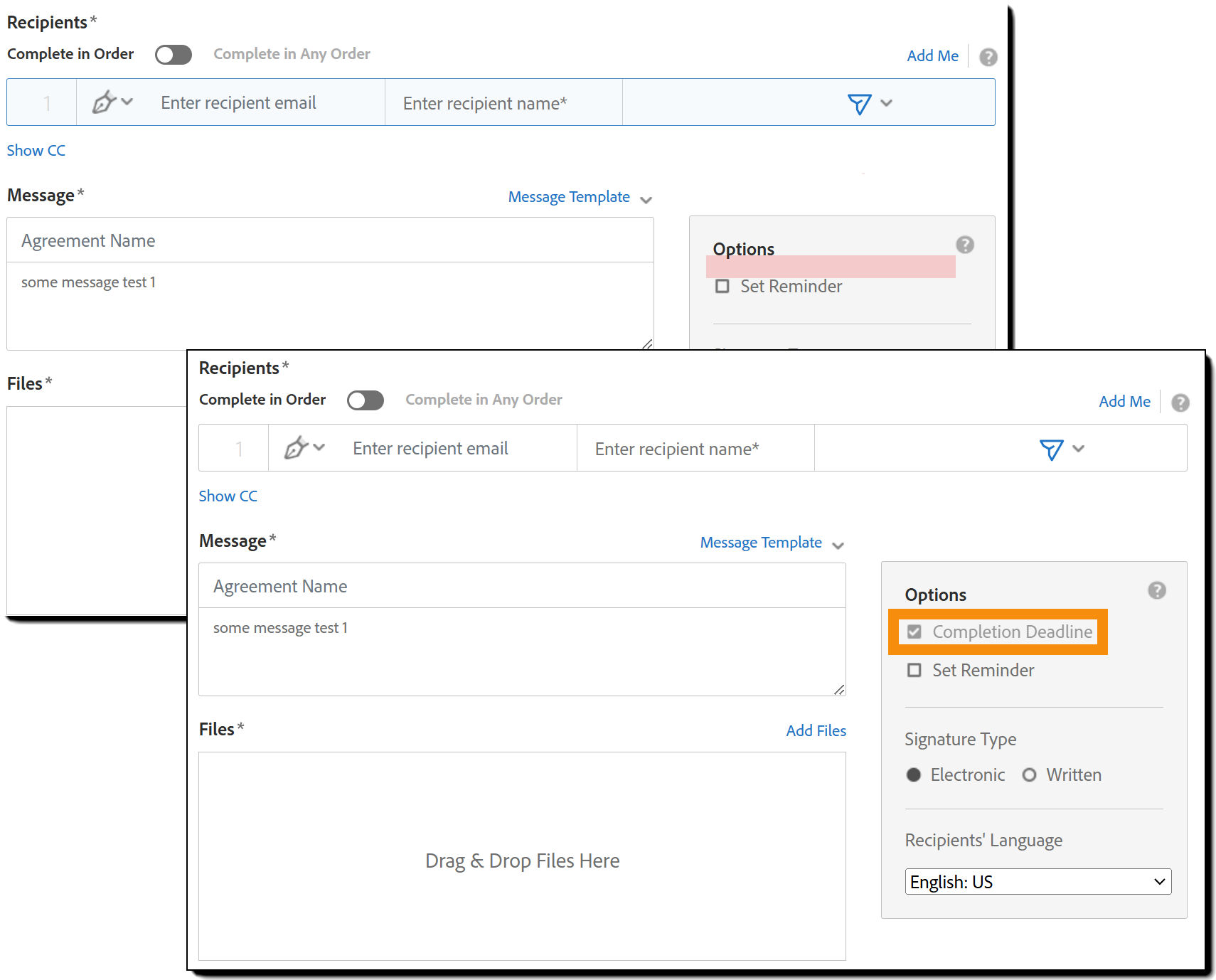 Two images of the Compose page, one showing the Completion Deadline feature, and the other highlighting where the feature is missing.