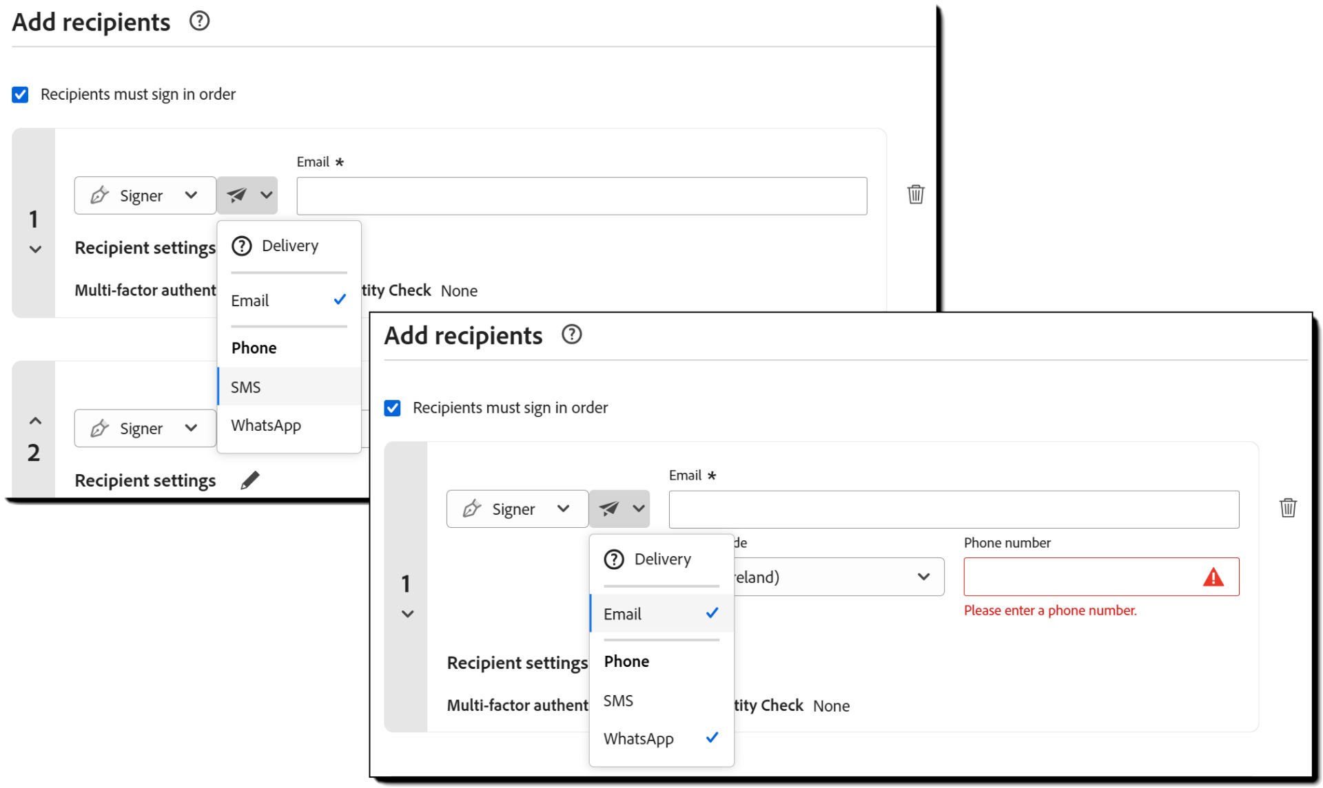 The Send page showing three recipient records, one with only email selected, and one with both selected