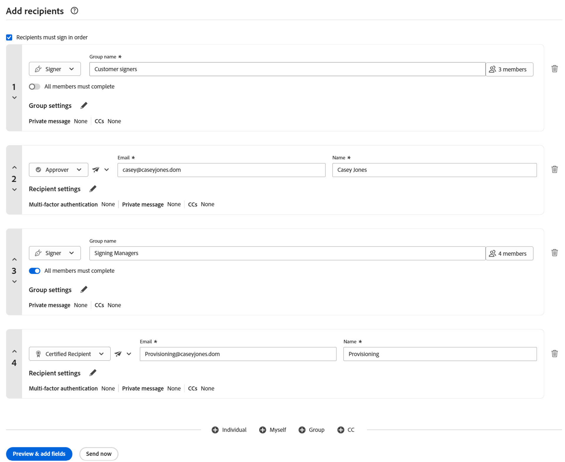 Send page showing a recipient group with multiple members added to one recipient step.