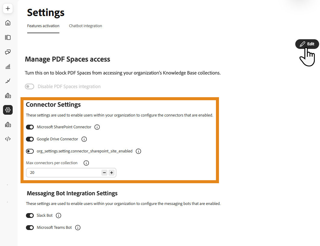 Connector Settings with Microsoft SharePoint and Google Drive options and a maximum connectors per collection value.