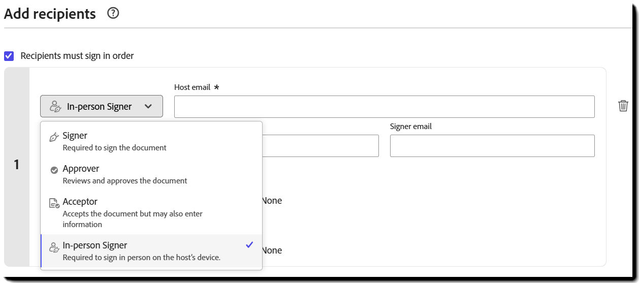 The list of available roles on the Compose page with In-person Signer highlighted.