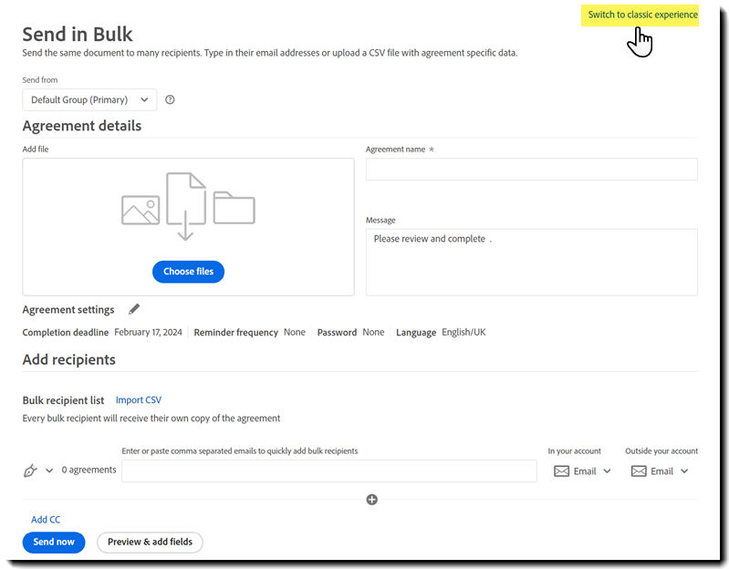 The new Send in Bulk landing page with the switch link highlighted