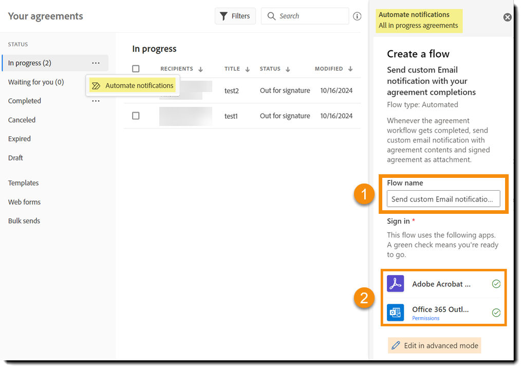 The Manage page with the right-hand panel displaying the authentication objects for the selected flow.