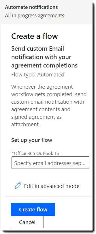 The right-hand panel displaying the input fields for the flow.