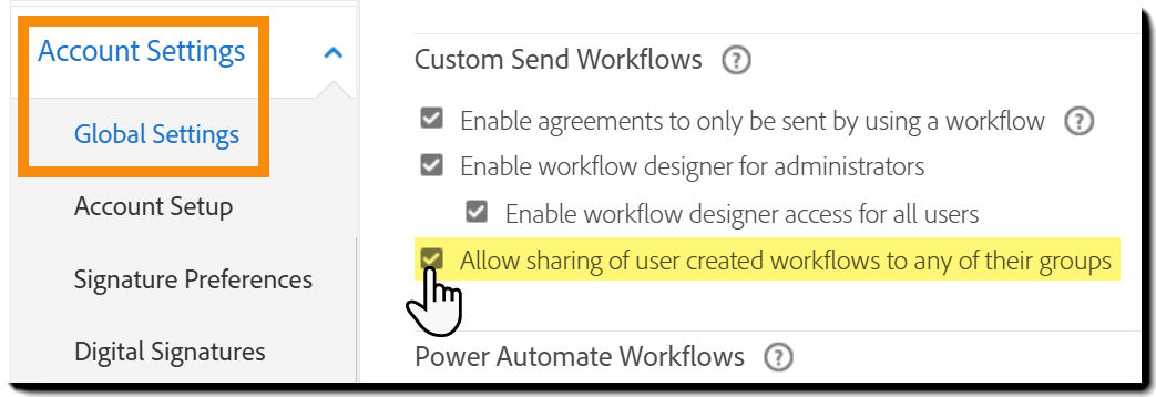 The Global Settings menu highlighting the "Allow sharing of user created workflows" controls.