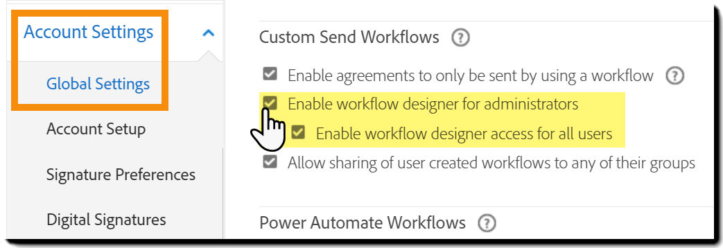 The Global Settings menu highlighting the "Enable workflow designer for admins" controls.