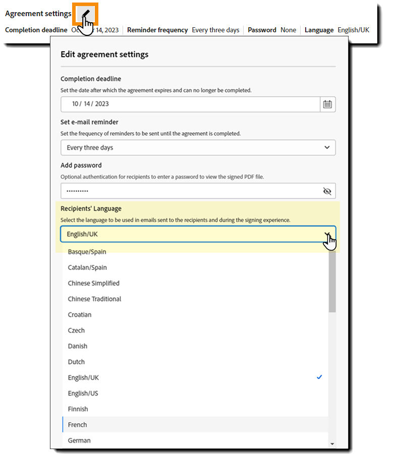 The agreement settings panel with the language selector highlighted