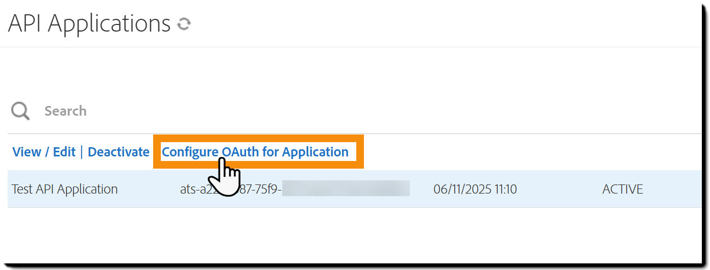 The API Applications page with one application selected, exposing the "Configure OAuth for Application" action link