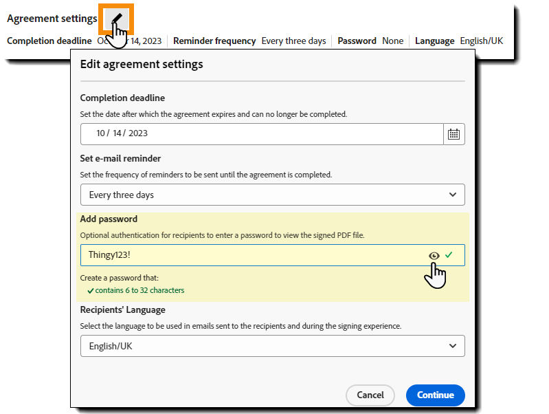 The agreement settings panel with the password field highlighted