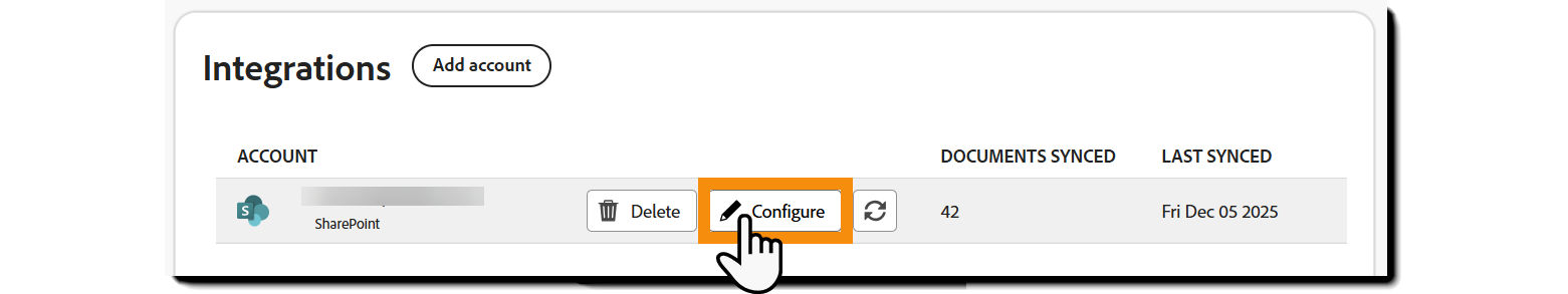 The Integrations page with the Configure button exposed