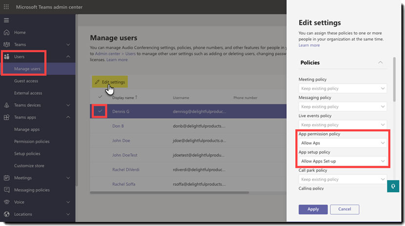 Configure the policies for the user