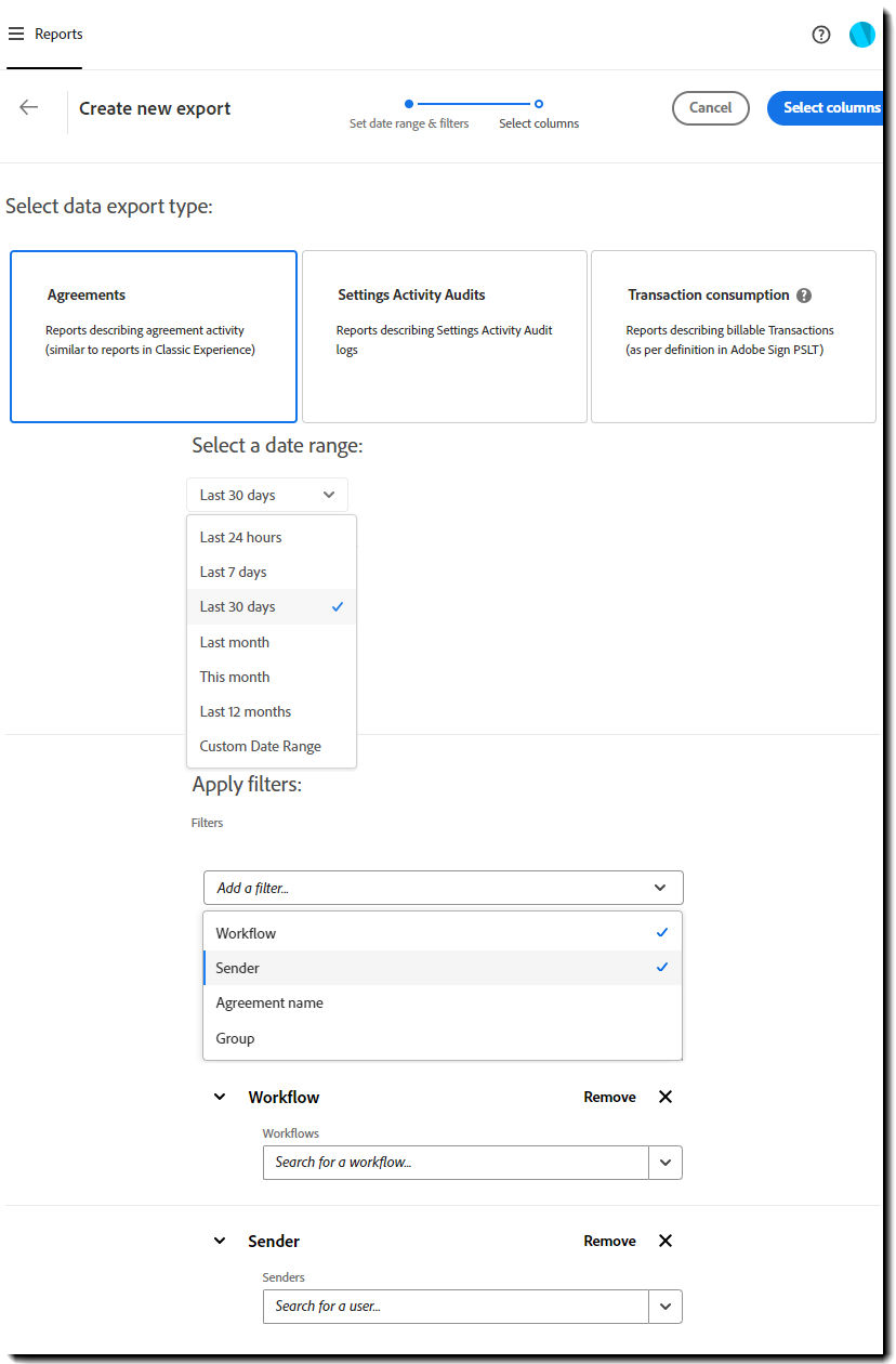 Data export configuration page with date selcter and workflow filer expanded