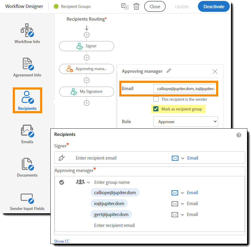 Configure recipient groups in the workflow template