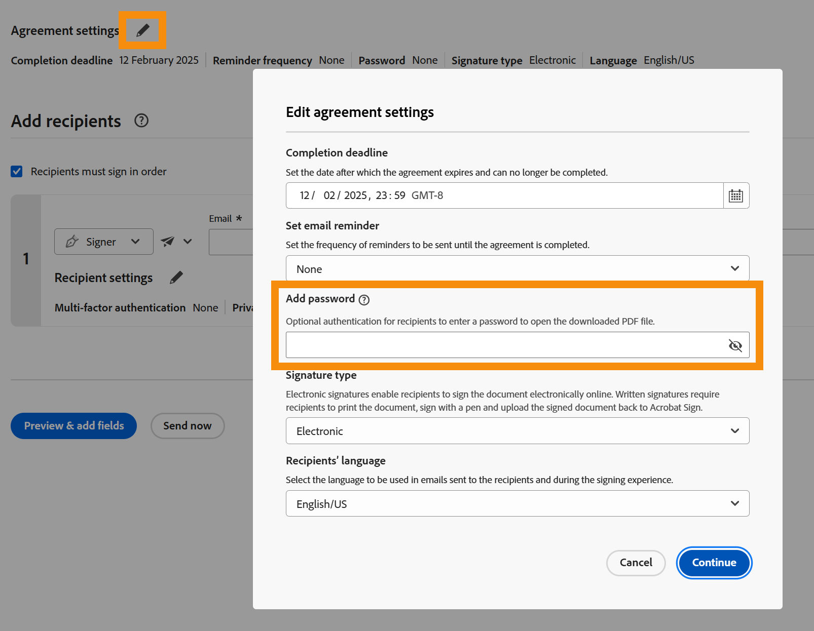 The Agreements Settings section of the agreement with the Add password option highlighted.