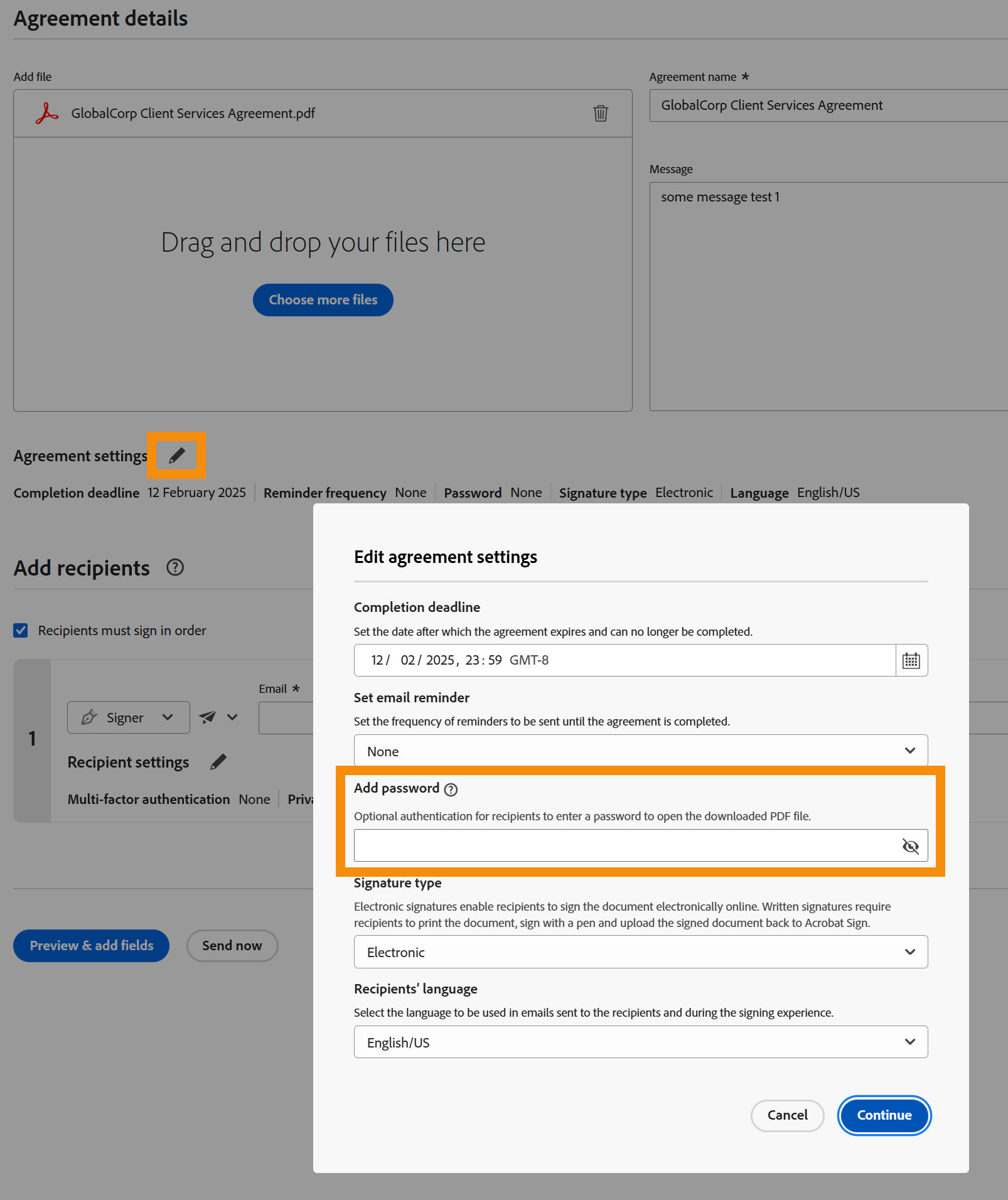 A view of the Request Signature page highlighting the password control.