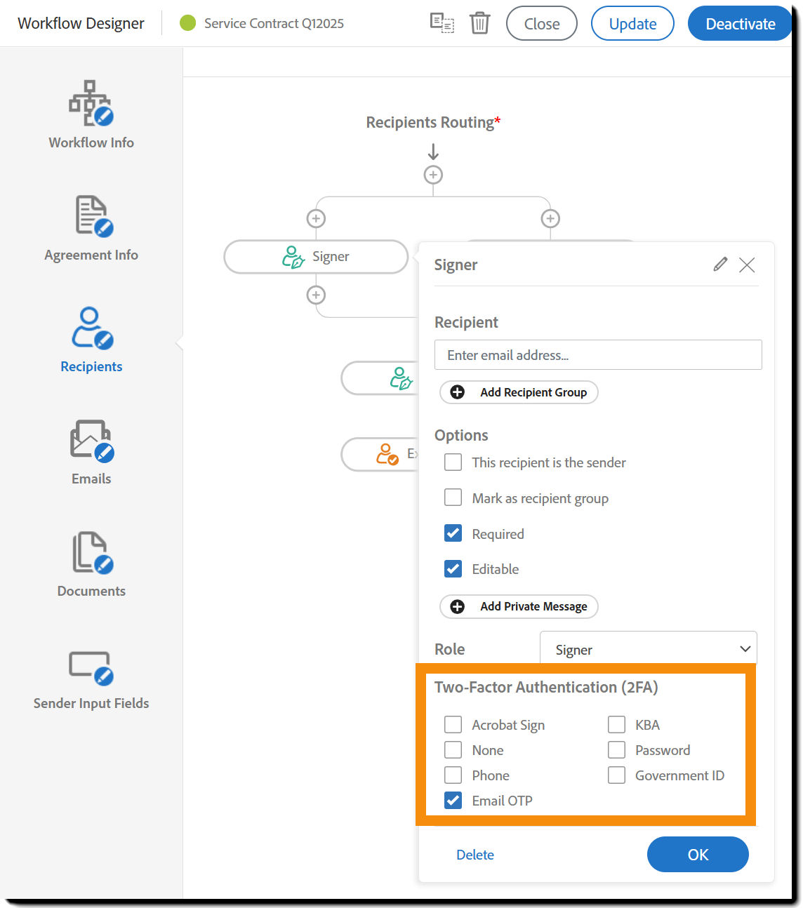 Recipient tab with the signer properties exposed and the authentication options highlighted