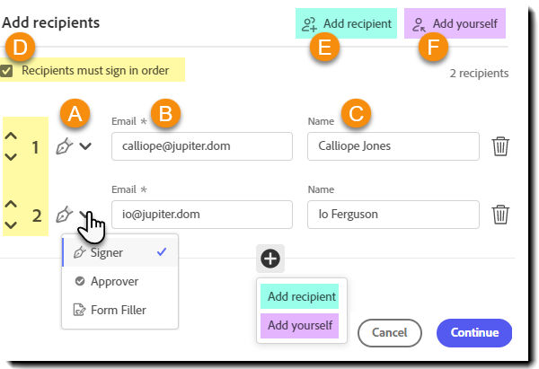 Add recipients page