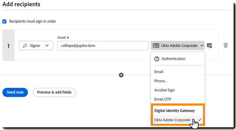 The Compose page with the authenticaiton methods expanded and the digital identity method highlighted.