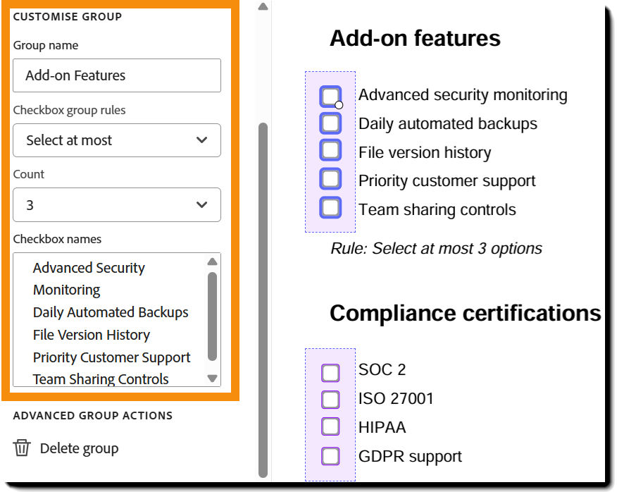 The checkbox group configuration panel