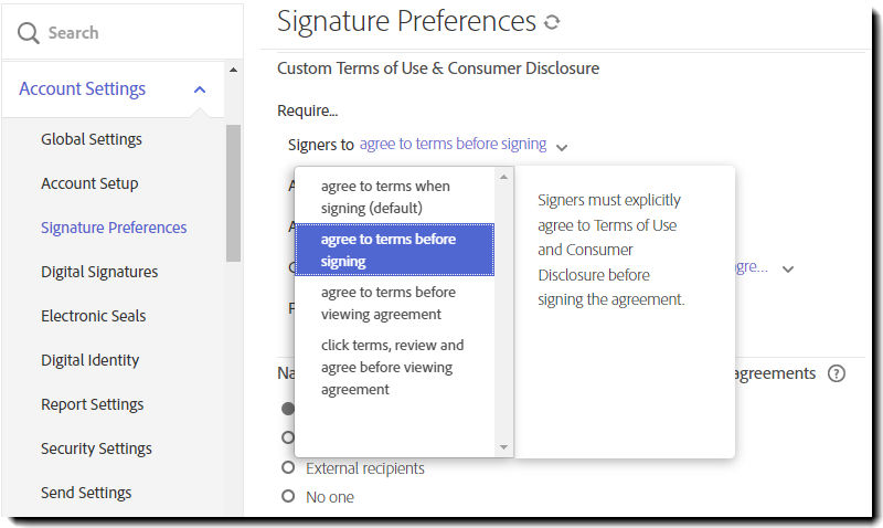 Explicit consent when signing setting