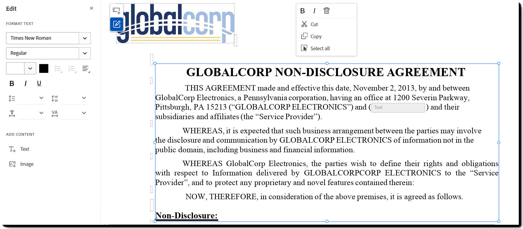Document editing mode showing editable text selected inside the agreement preview.