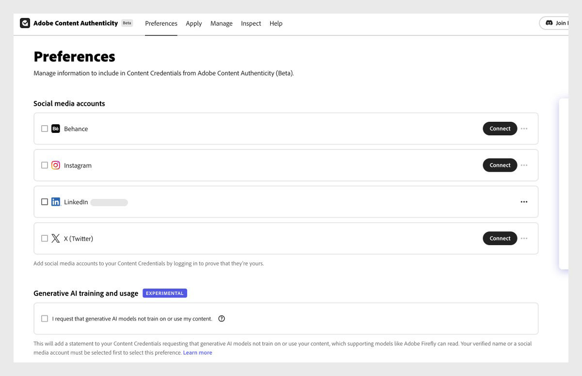 Preferences screen showing social account connections and option to disable generative AI training usage.