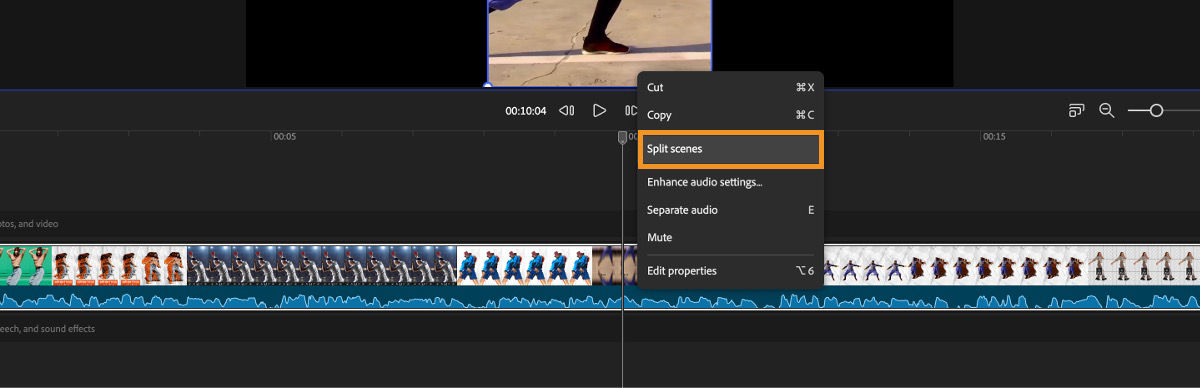Context menu displys a highlighted Split scenes option for automatically splitting a video clip into scenes.