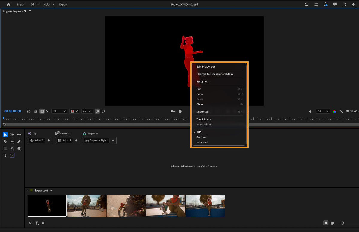 Context menu showing mask options like track, invert, and edit properties in the Color panel.