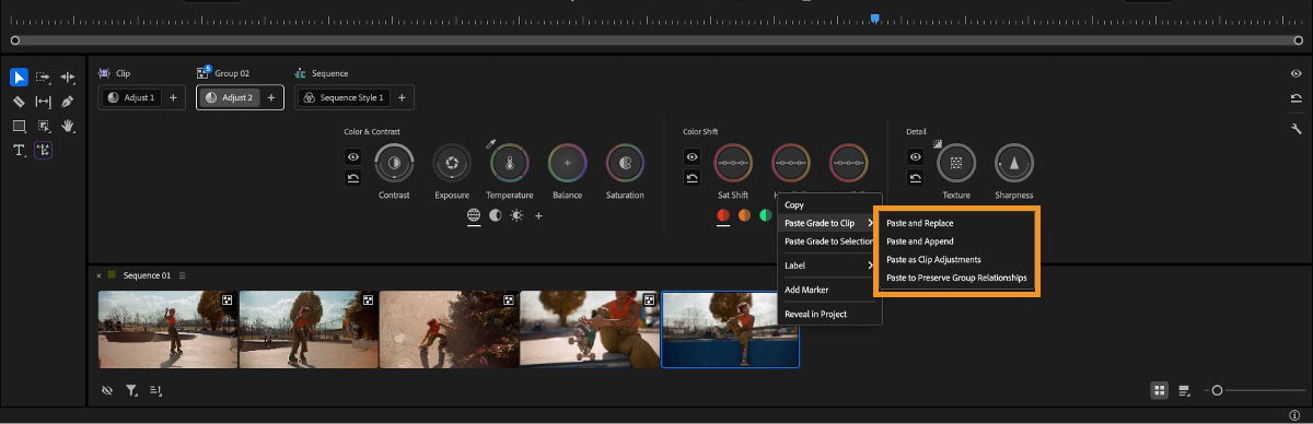 Context menu showing paste options for applying copied grades to clips in the Color Tools panel.