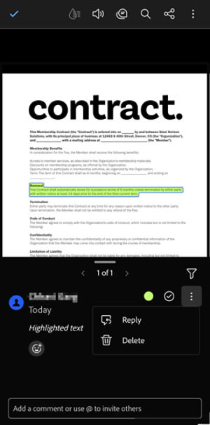 Contract document with a highlighted text displayed in Acrobat on Android, with a comment panel and options to reply or delete.