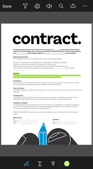 Contract document with a highlighted text displayed in Acrobat on iOS, with a comment panel and options to reply or delete.