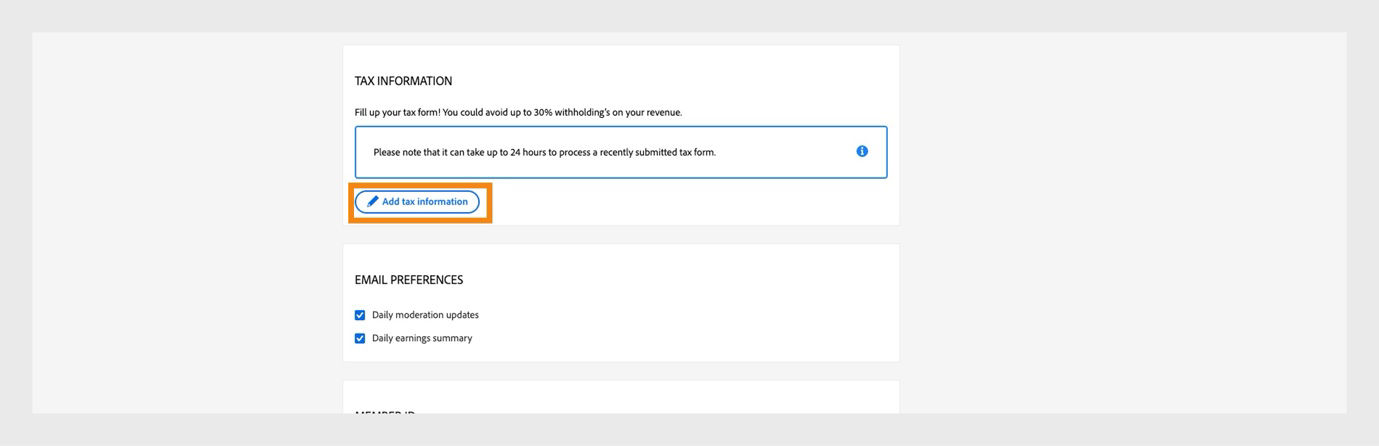 Contributor Account Tax Information section highlighting “Add tax information” button on Adobe Stock.