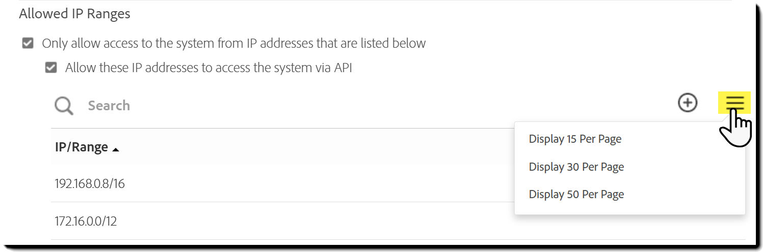 Allow IP Address controls highlighting the exposed two CIDR notations.