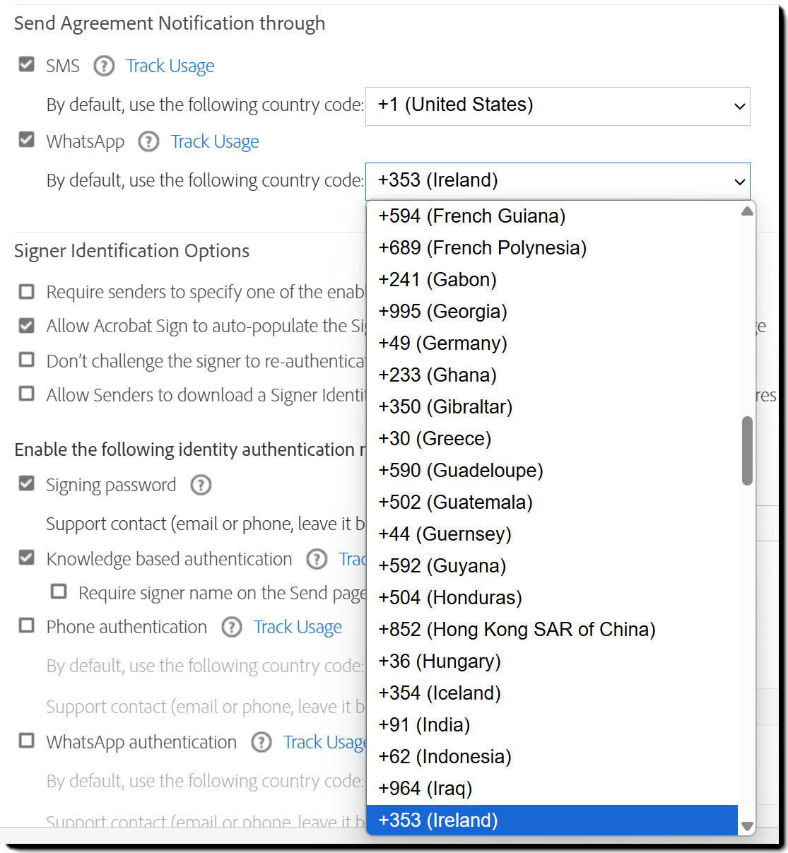The Send Settings page showing the controls with the Country Code drop-down menu expanded.