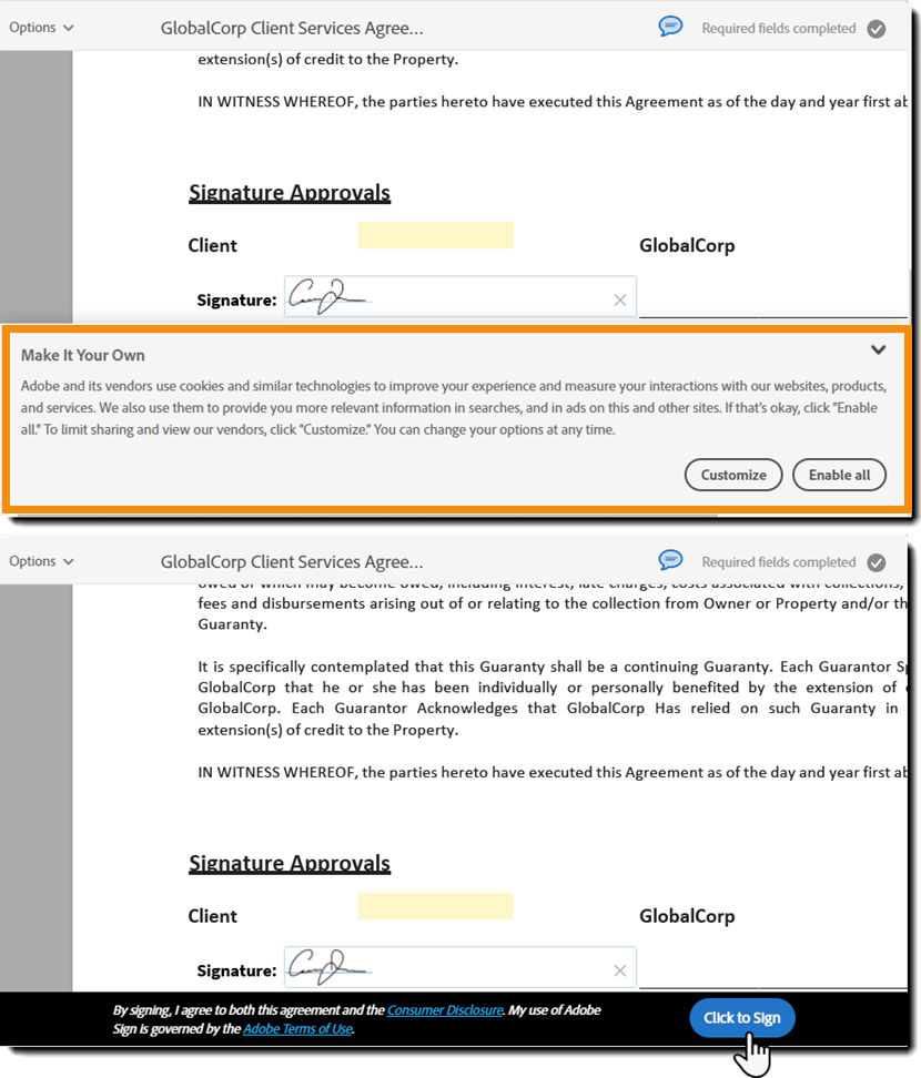 Cookie acceptance blocking the Click to Sign button