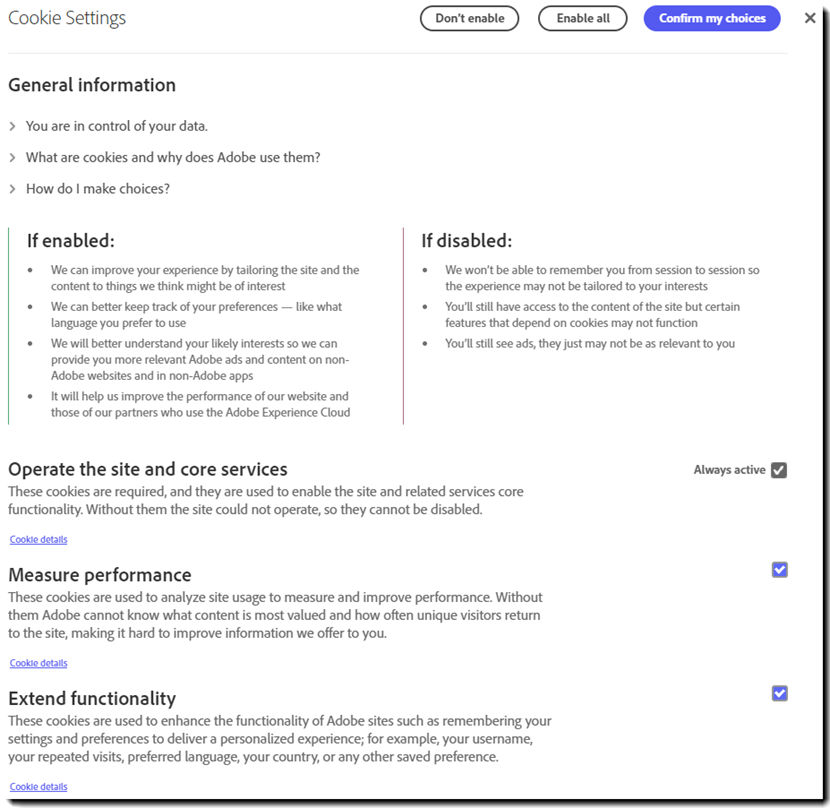 The Cookie Settings page.