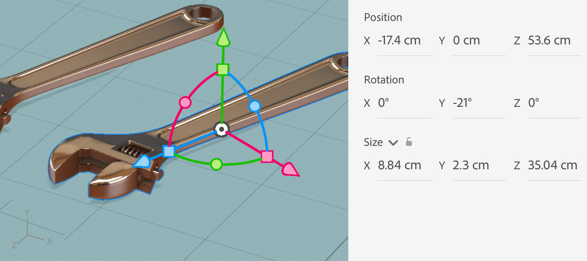 The axis indicator, the Select tool widgets, and the properties panel all give you information about your 3D coordinates.