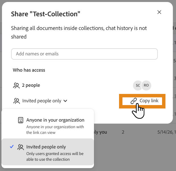 Sharing panel with Copy link and organization access options.