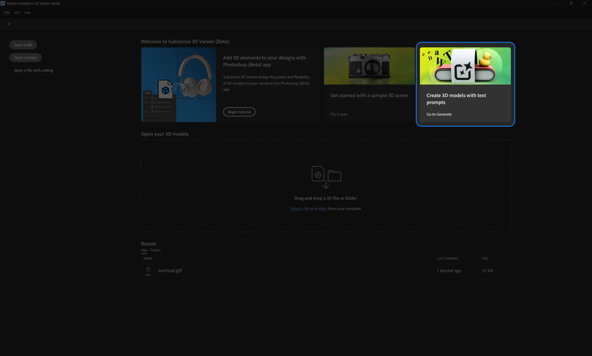 An image of the Viewer home screen with the "Create 3D models with text prompts" button highlighted.