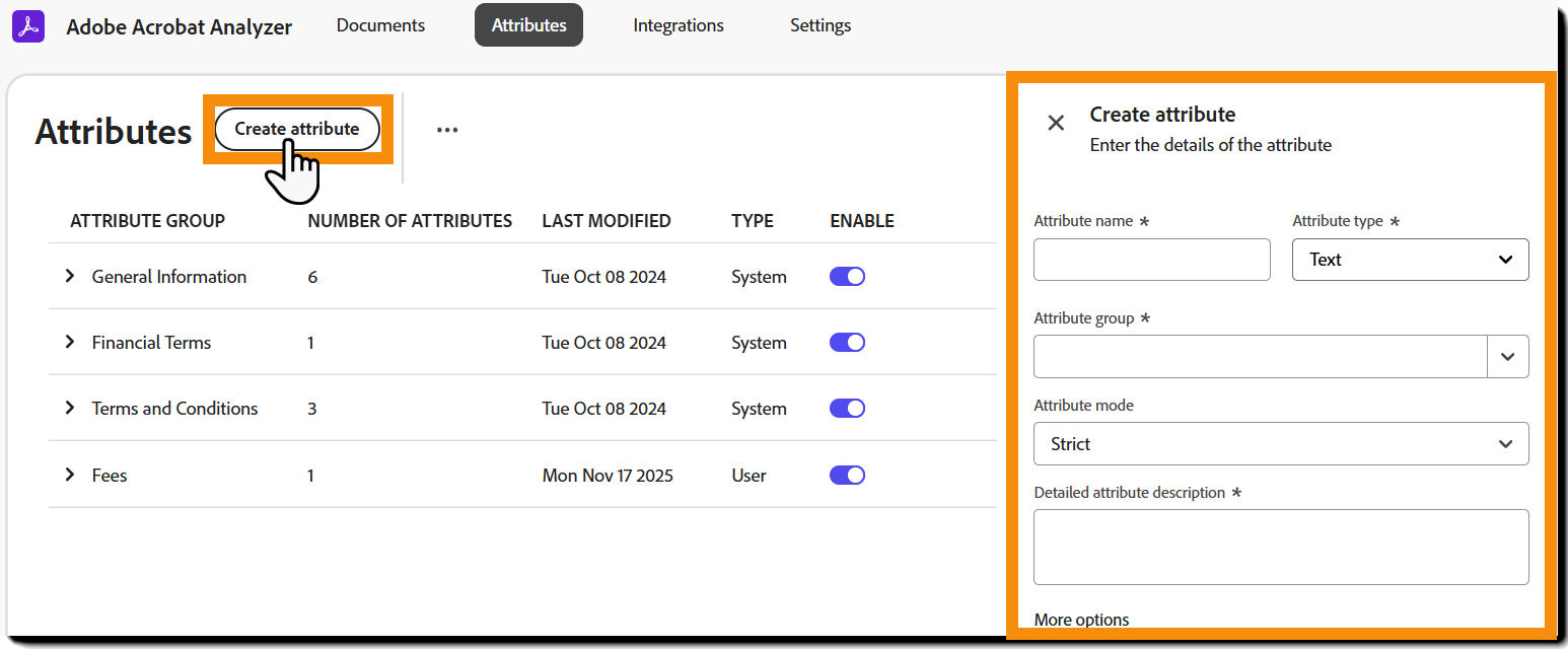 The Attributes page with the Create Attribute panel exposed