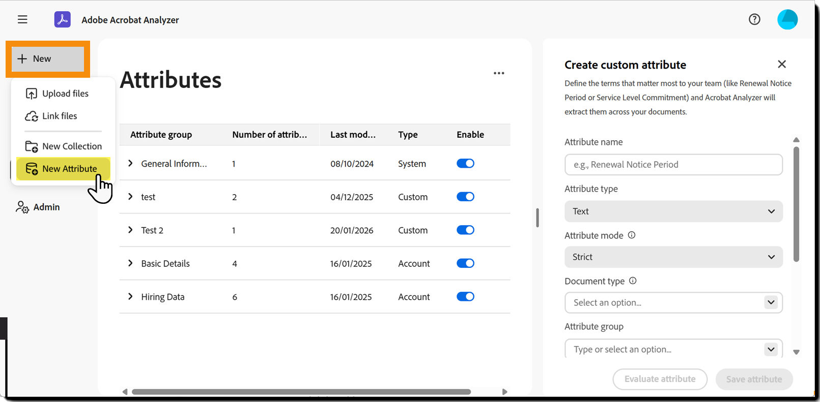 The Attributes page with the Create Attribute panel exposed