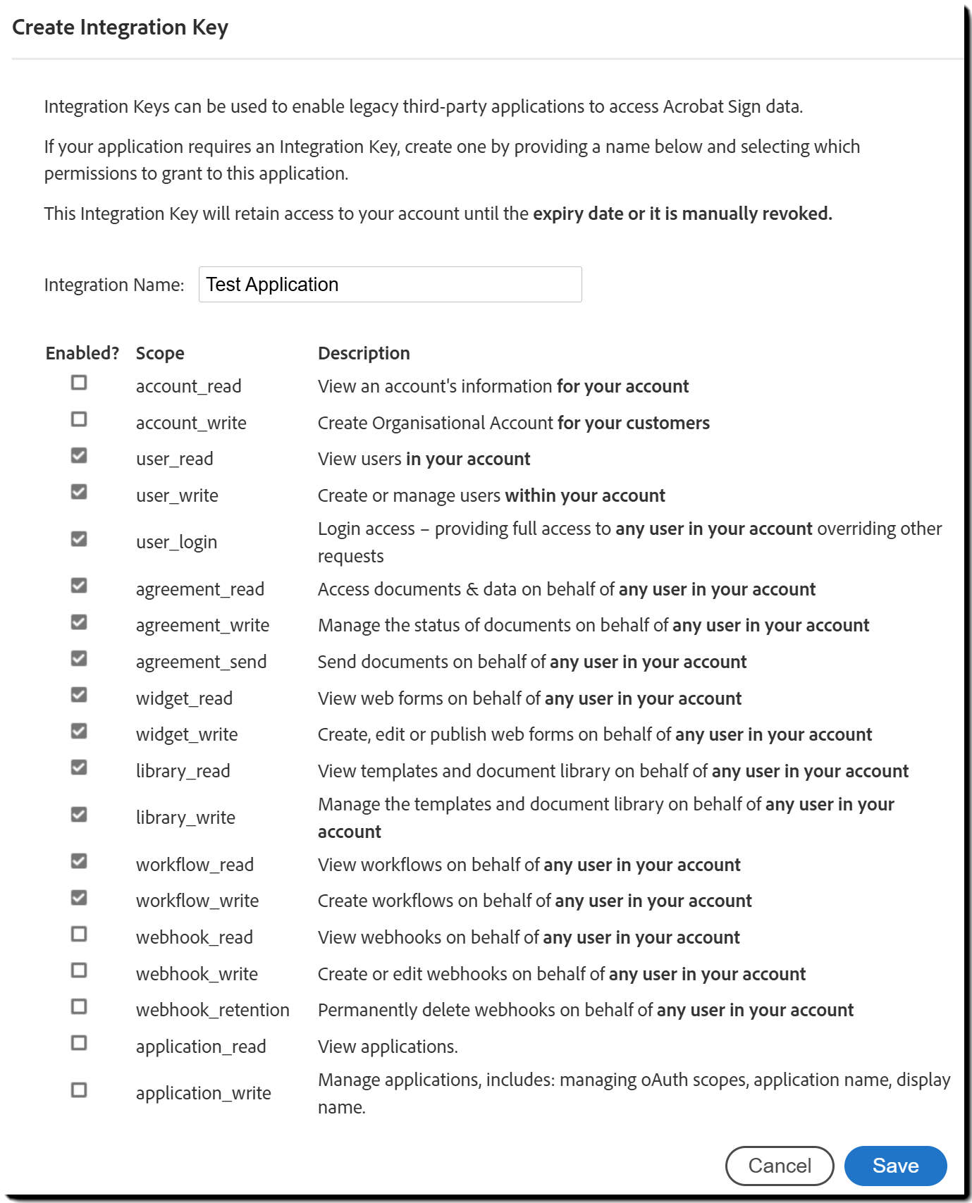 Create Integration Key dialog with scope options