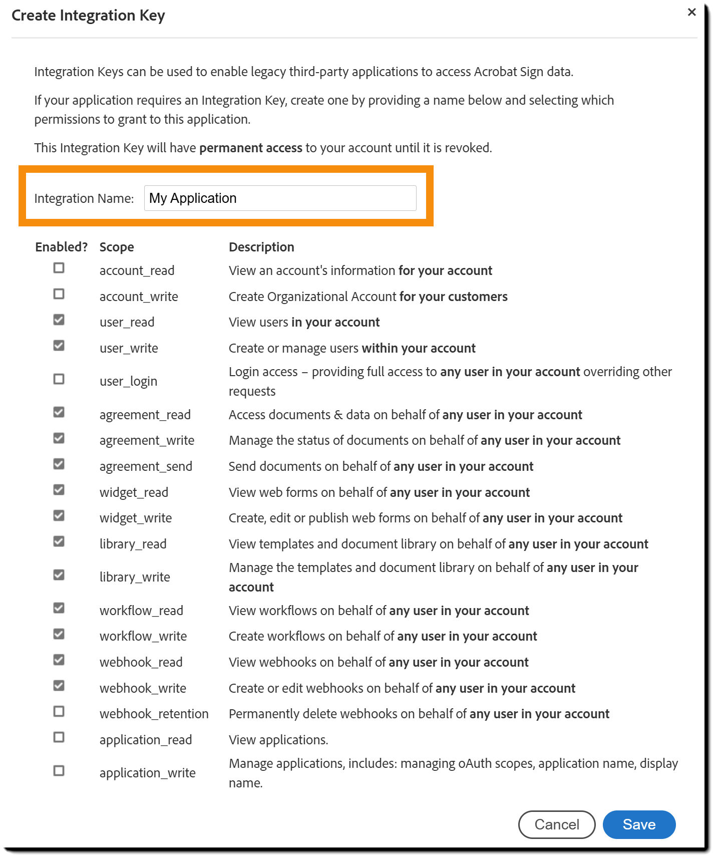 Create Integration Key interface