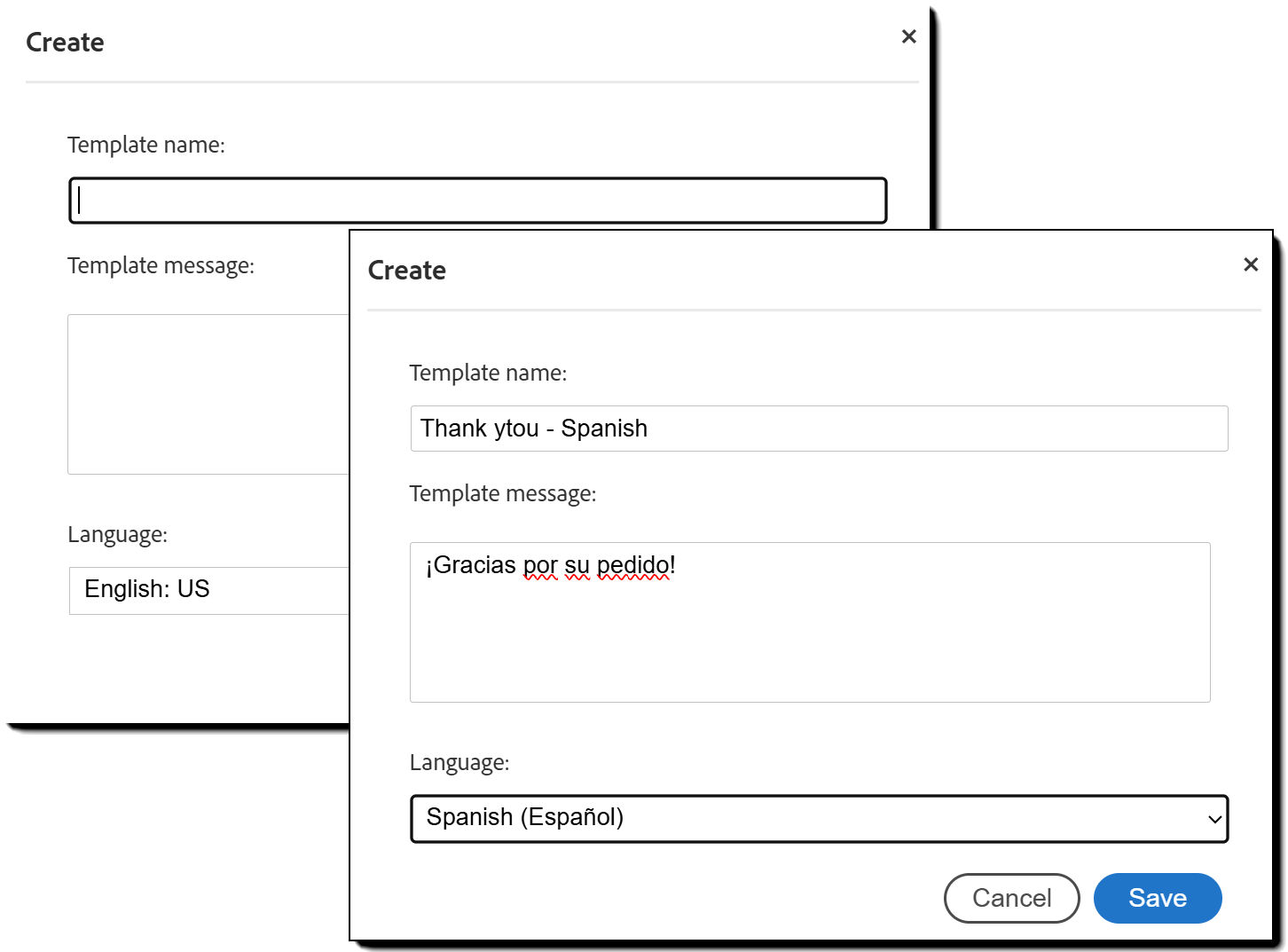 The Create Template panel
