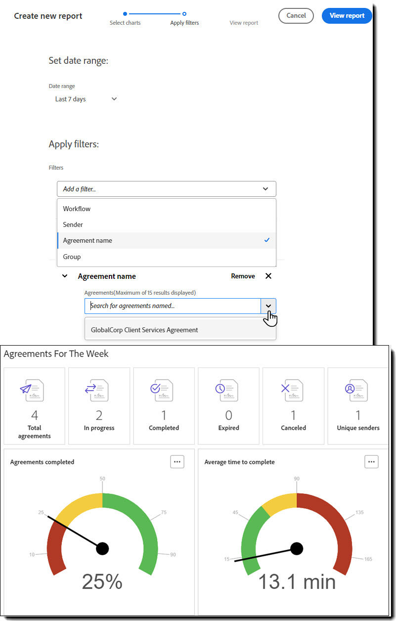 View of the Reporting interface with the Agreement name filter exposed and an example  report displayed