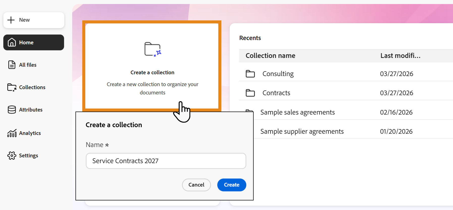 The "Home" page with the "Create a collection" tile highlighted, and the panel to name the new collection exposed.