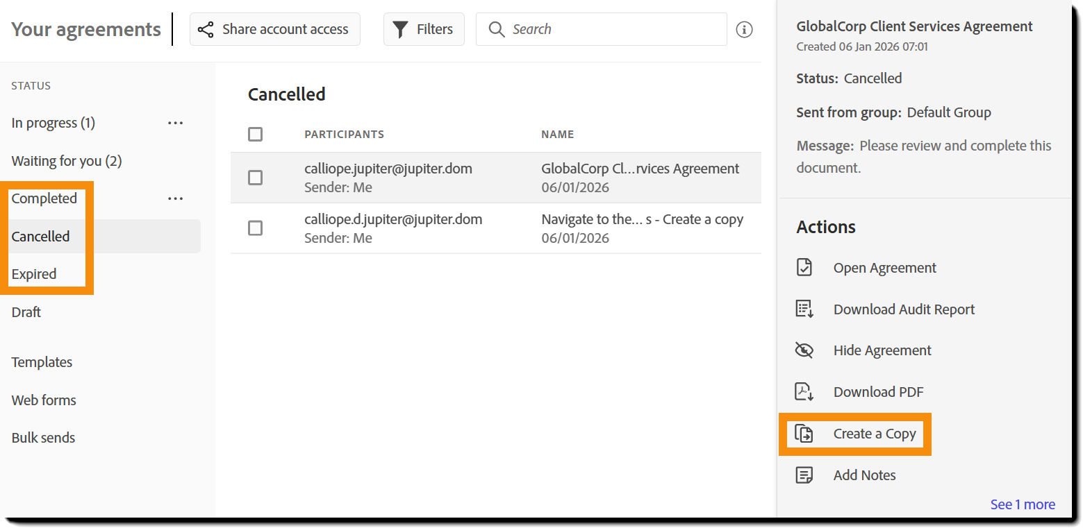 Copy Agreement action on the Manage page 