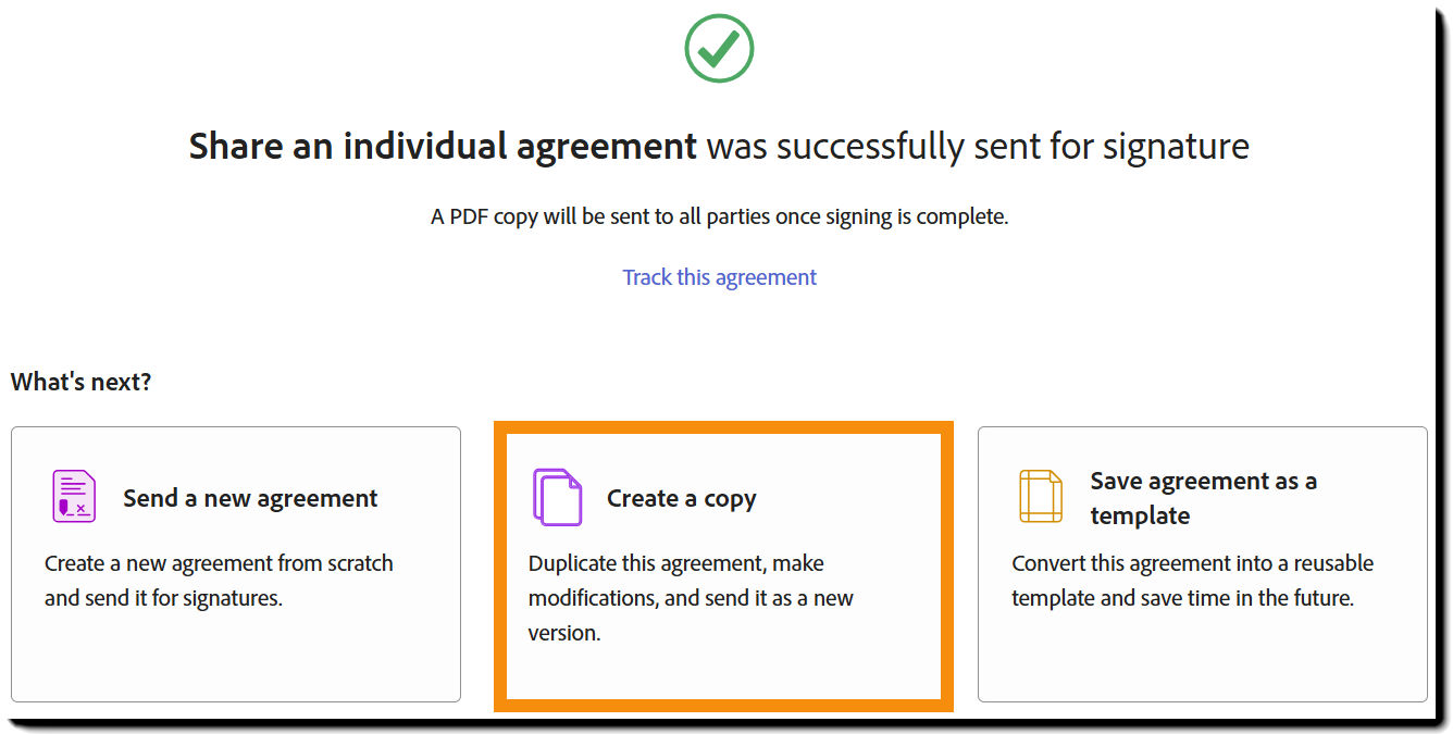The "Post send" page with the "Create a copy" tile highlighted.